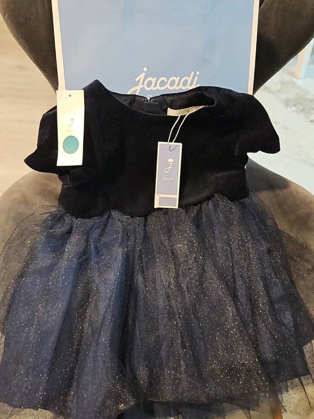 Jacadi Paris Velvet & Glitter Tulle Holiday Dress Navy Blue 18M